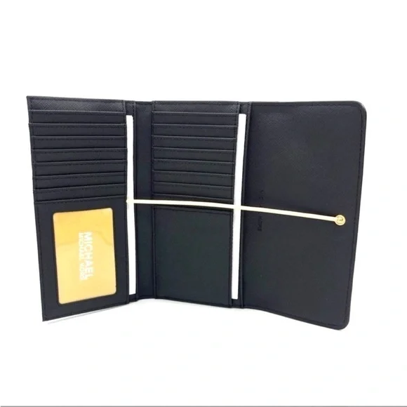 Michael Kors Large Jet Set Travel Trifold Wallet Black/Gold - Picture 5 of 7